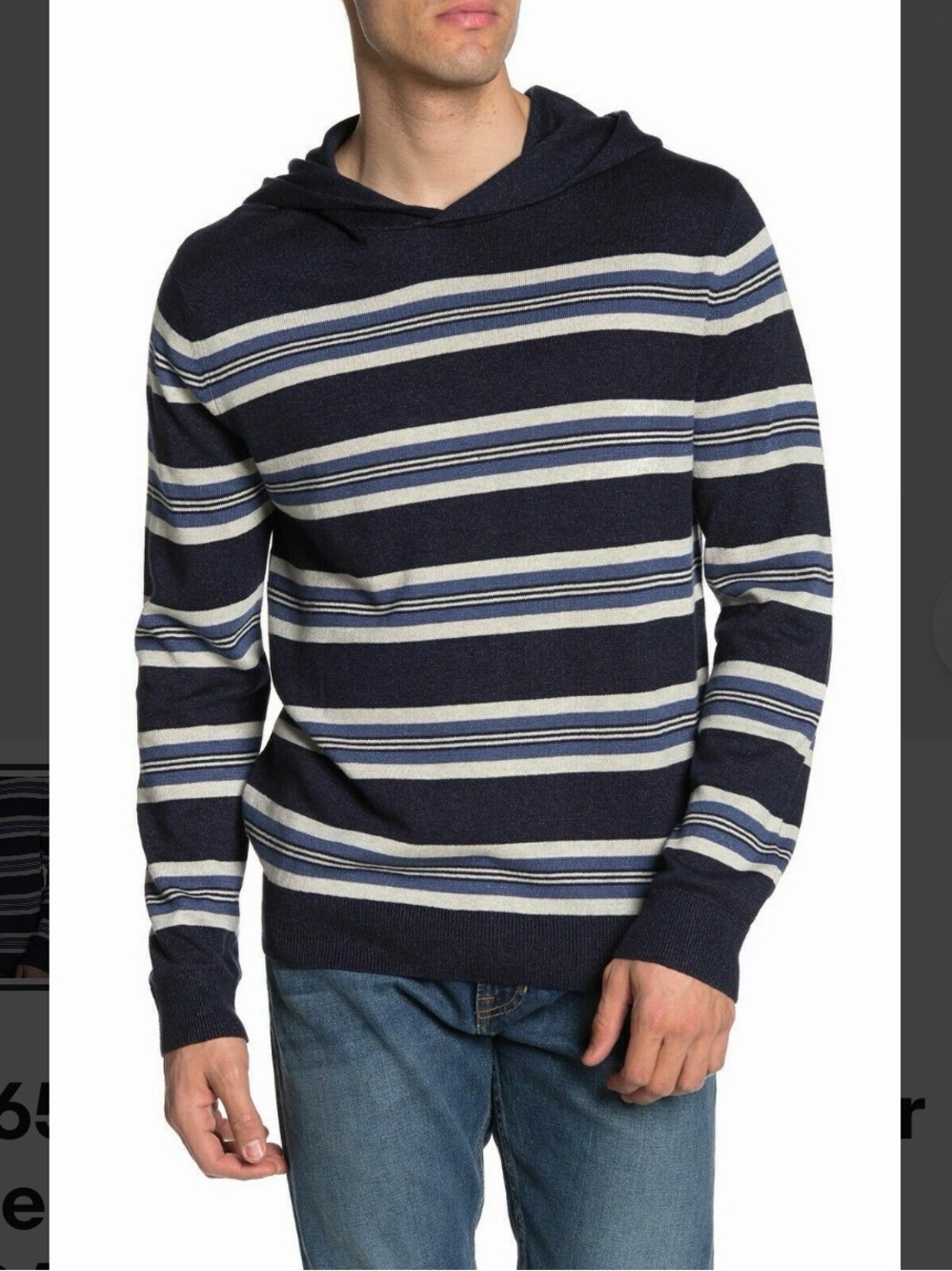Vince Men’s Striped Knit Hoodie Size XS Coastal Blue White Black